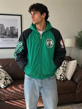 Vintage Boston Celtics Athletic Green & Black Hooded Varsity Bomber Jacket